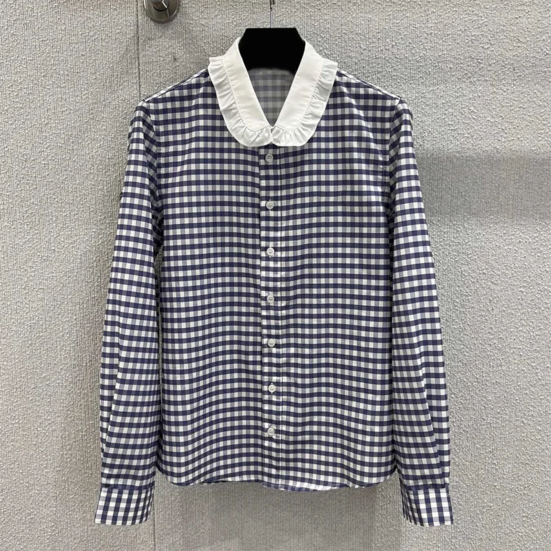 

High-quality new women's plaid long-sleeved shirt with a doll collar, featuring a retro college style 25102238