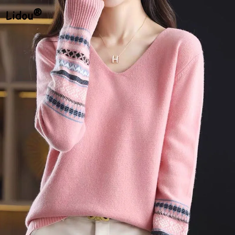 Autumn Winter Fashion All-match Long Sleeve Patchwork Sweaters Women\'s Clothing Korean Temperament Lady V-Neck Knitted Pullovers