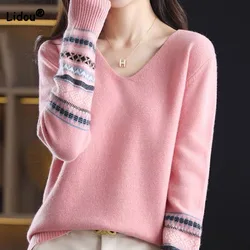 Autumn Winter Fashion All-match Long Sleeve Patchwork Sweaters Women's Clothing Korean Temperament Lady V-Neck Knitted Pullovers