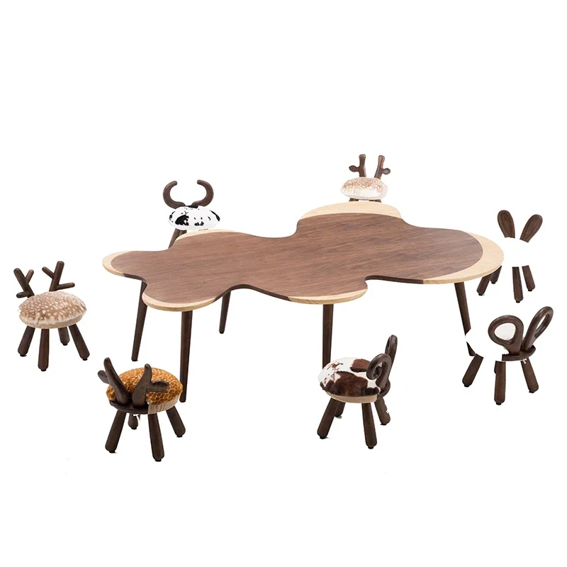 Nordic children's room learning handmade toy table, kindergarten baby game solid wood tables and chairs, combination picture