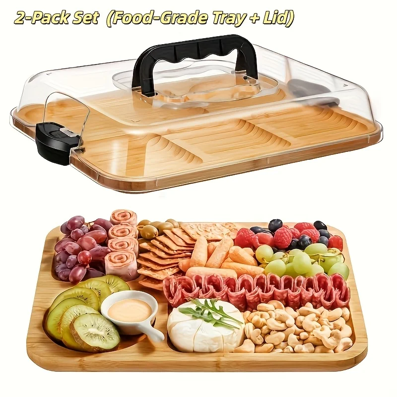 2-Piece Party Plate and Tray Set (includes 1 Food-grade Plate + 1 Lid)Rectangular Cheese Board, Clear Lockable Lid, High-Quality