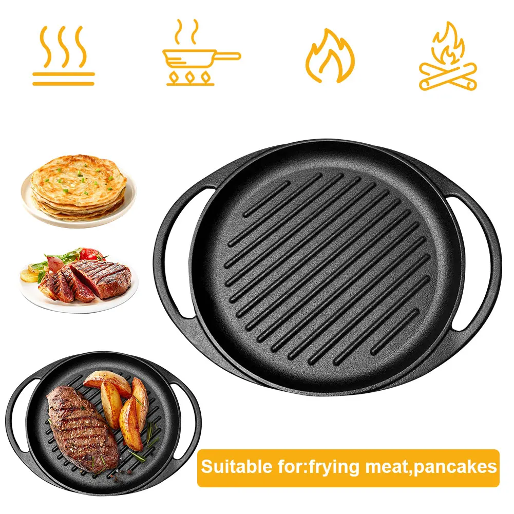 

10 Inch Cast Iron Frying Pan Non-Stick Griddle with Dual Handles Skillet Pan for Open Fire and Gas Stoves