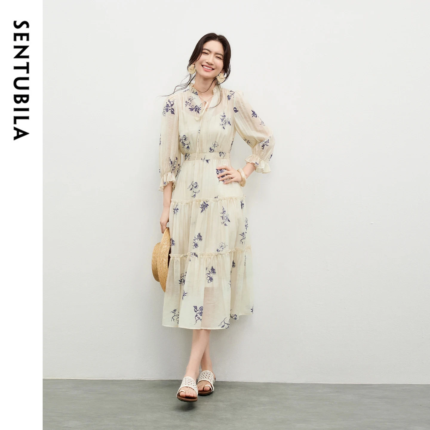 

SENTUBILA Women's Printed Dress Set 2026 Spring New Ruffled Tie Neck 3/4 Butterfly Sleeve Camisole Dress Two-Piece Set 161LF4722