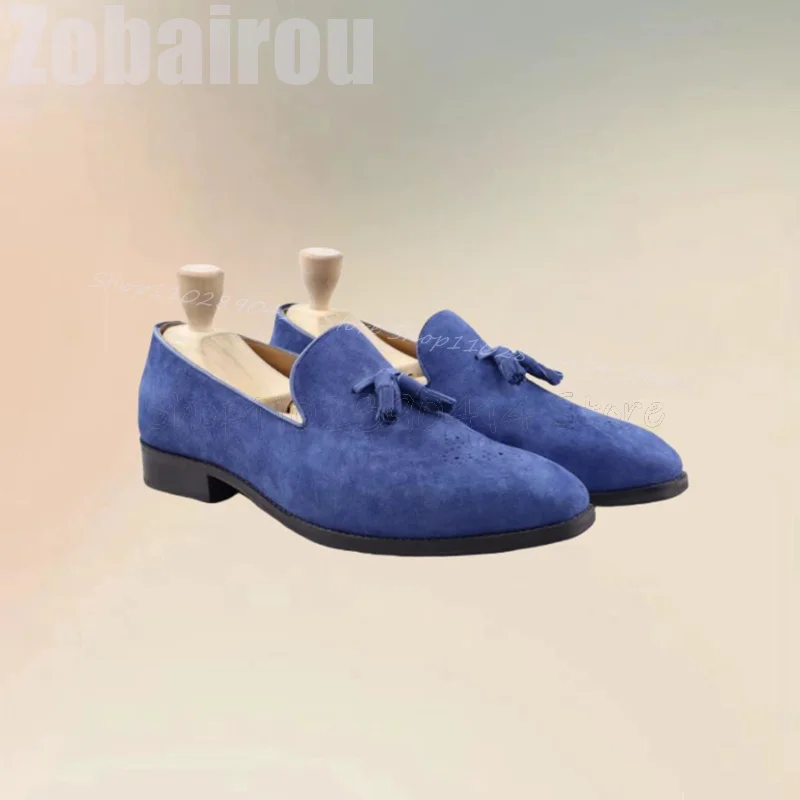 

Blue Tassels Decor Carving Design Square Toe Loafers Fashion Slip On Men Shoes Luxurious Handmade Party Banquet Men Casual Shoes