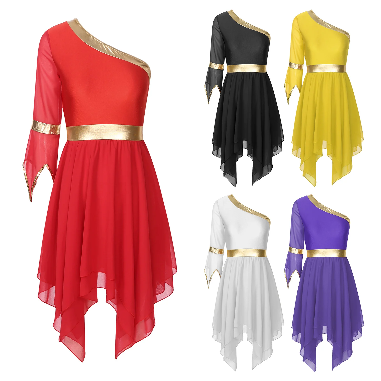 

Women's Praise Dance Performance Dress Unique Patchwork Design with Flared Sleeves Metallic Waistband for Dance Party Prom