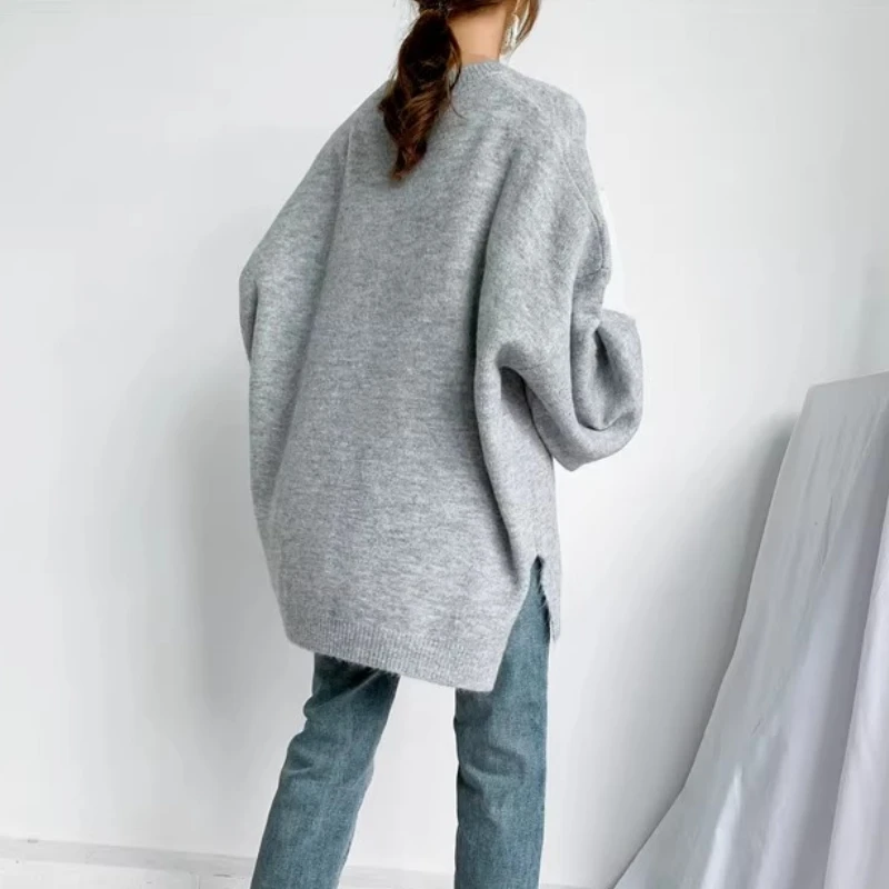 Damskie swetry na jesień i zimę, długie, szare, z rękawami typu latarnia, rozcięciem bocznym, dekoltem O, dzianinowe pulowery, oversize, pull hiver femme