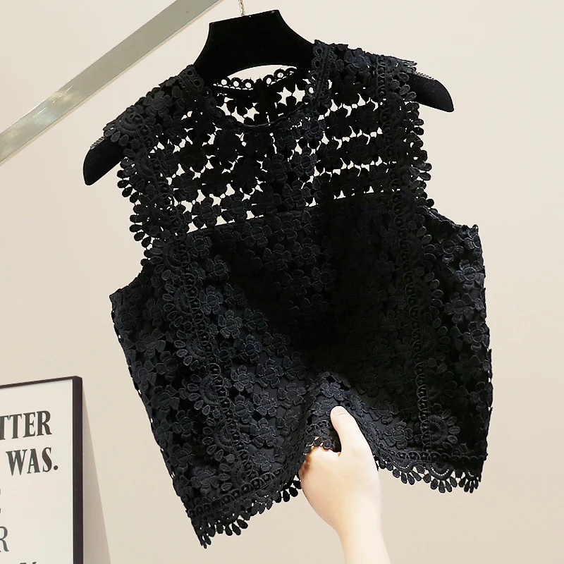 

High-End Faion Daisy Hollow out Knitted Slimming Lace Vest Unique Design Sensation Age-Defng Trendy Top Women's irt