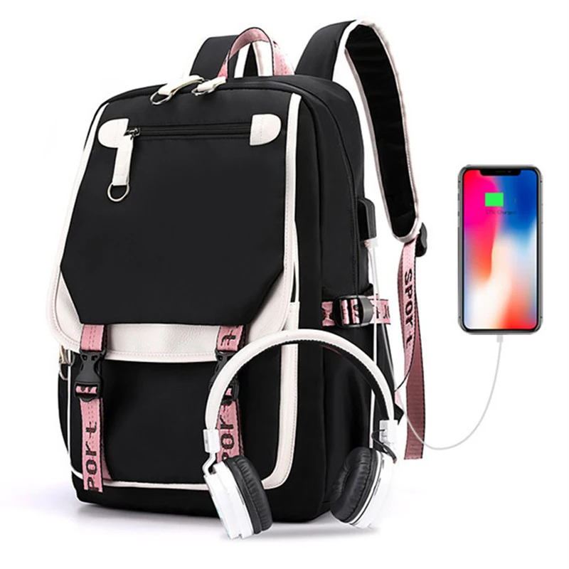 large school bags for teenage girls USB port canvas schoolbag student book bag fashion black pink teen school backpack