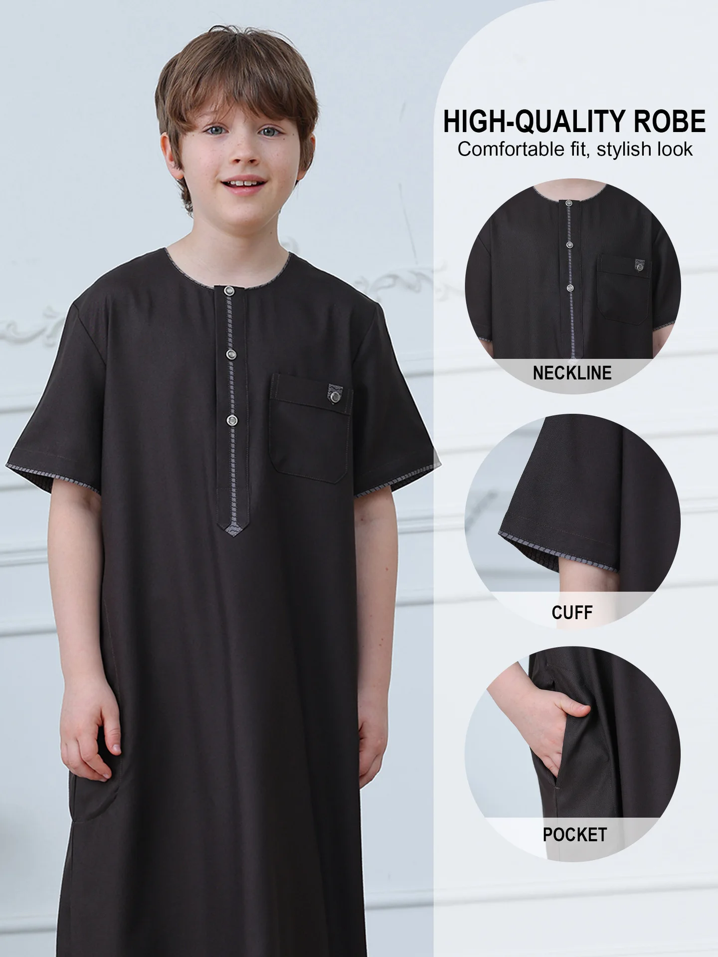 

Eid Ramadan Boys Short Sleeve Thobe Kids Islamic Jubba Round Neck Pocket Button Soft Fabric Children Arab Robe Loose Casual New