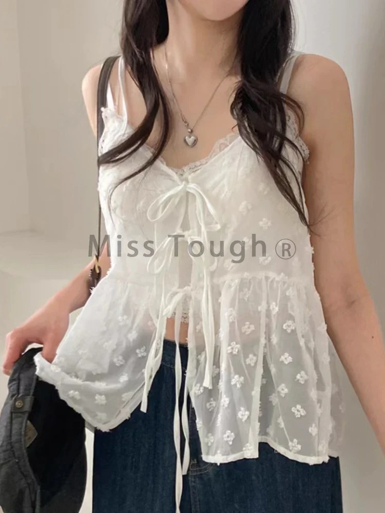 French Lace Sling Elegant Mesh Tops Women Summer Fashion Stacked Design Loose Gauze Tanks Korea Vintage Outwear Camis 2024 New