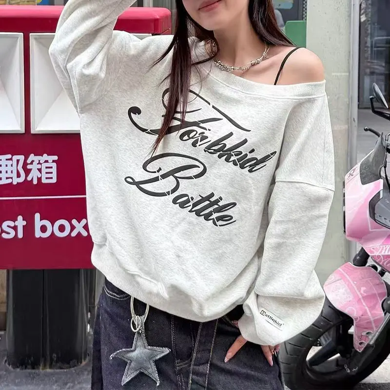 

Fashionable Off Shoulder American Hoodies Spring Autumn Long Sleeve Female Clothing Printed Casual Skew Collar Loose Sweatshirts