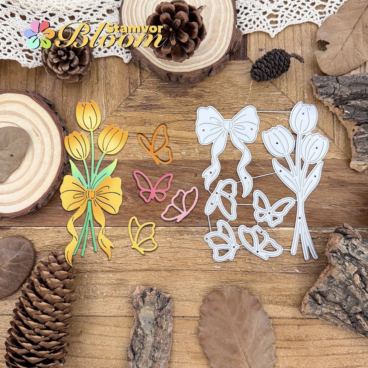 Original schöne Tulpen Blumenstrauß mit Schleife und Schmetterlingen Metall-Stanzformen Scrapbooking dekorative Prägung