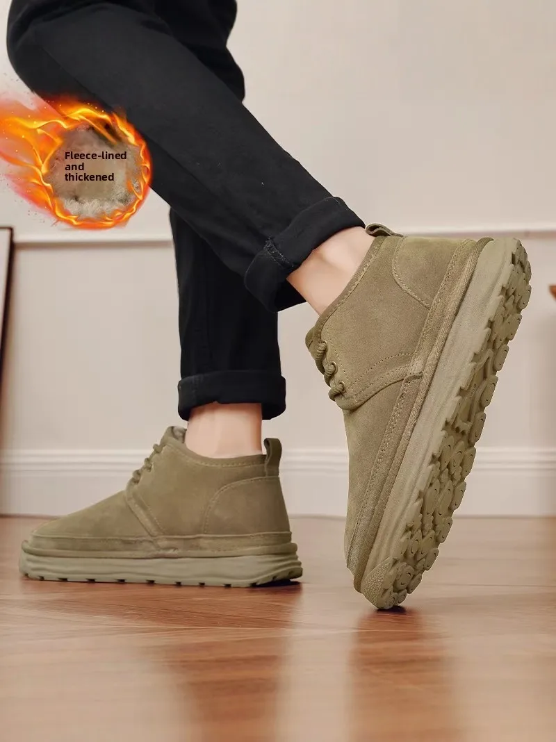 Men's Winter Fleece Lined Slip-On Work Shoes Waterproof Anti-Slip Warmth Leather Fur Integrated Trendy Work Safety Shoes