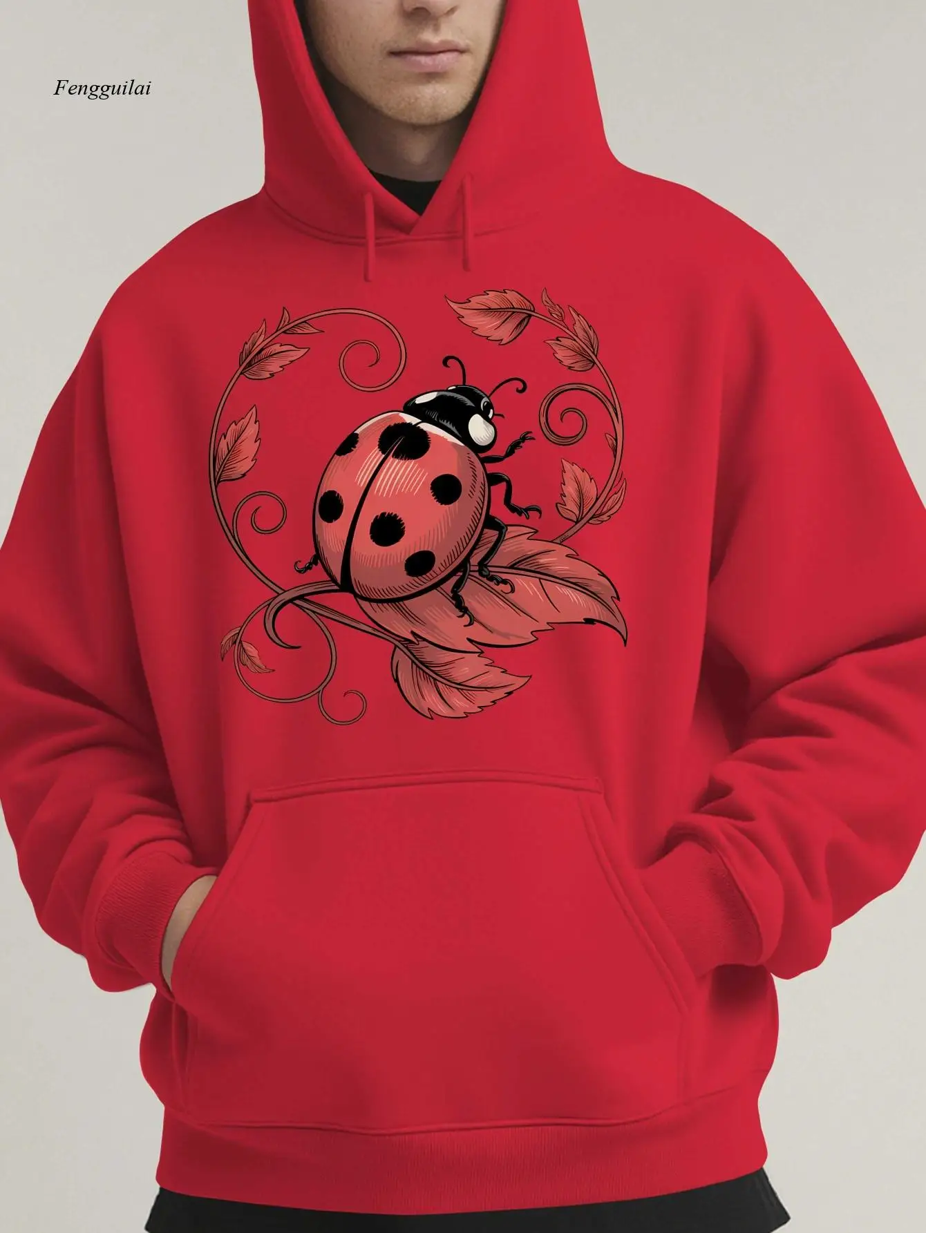 

Зимняя теплая толстовка с капюшоном — пуловер с принтом божьей коровки и листьев, свободная повседневная уличная одежда для холодной погоды