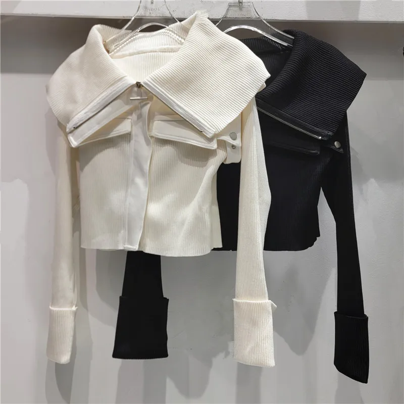 

2025 Autumn New Metal Zipper Patch Pocket Collar Slim Fit Sweater Coat
