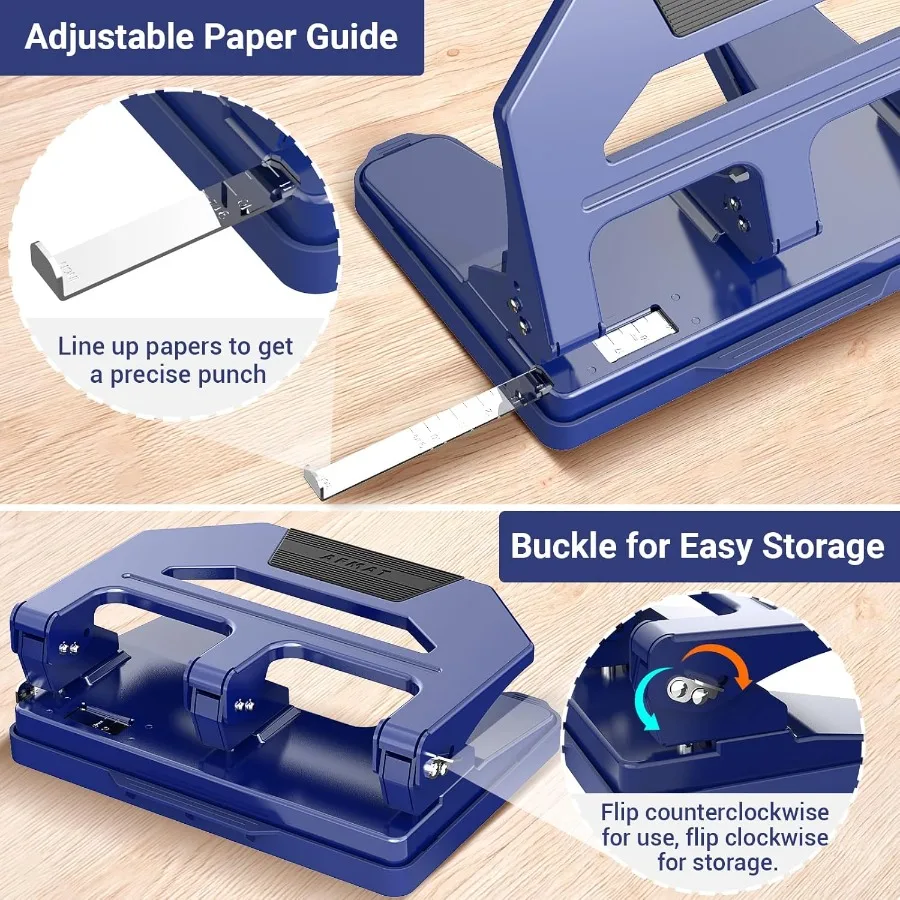خرامة شديدة التحمل ذات 3 فتحات للاستخدام في المكتب والمدرسة، مقابض تصل إلى 40 ورقة مع 50 جهدًا مخفضًا، هيكل معدني متين مع