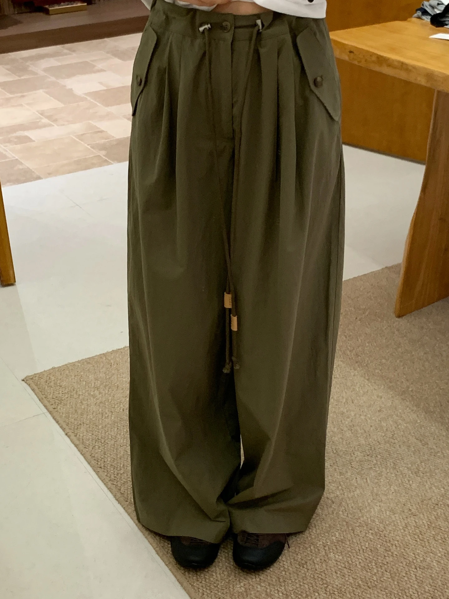 

Military Green Drawstring Casual Pants Women Summer New Style Barn Wind Small Size Meat Conceal Slim Wide Leg Pants