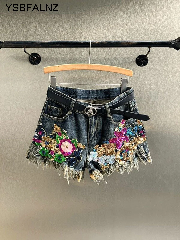 

Trend Sequin Floral Burrs Hole Denim Shorts Women's Vintage High Waist Wide Leg Short Jeans Female 2023 Summer New