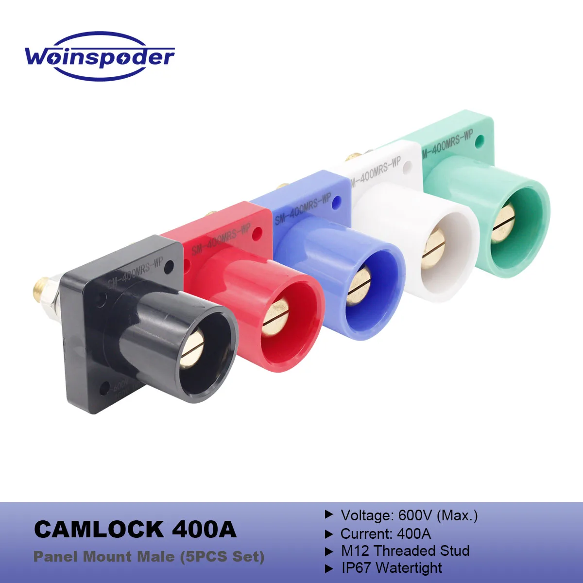 

WOINSPODER 5PCS 400A 600V Cam Lock Panel Mount Male Connector Set 3 Phase Power Input Receptacle M12 IP67 Watertight