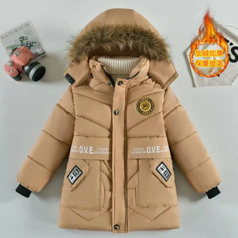 Winter Boy\'s New Letter Pocket with Thick Velvet Windproof and Warm Hooded Fur Collar Fashionable and Handsome Cotton Jacket