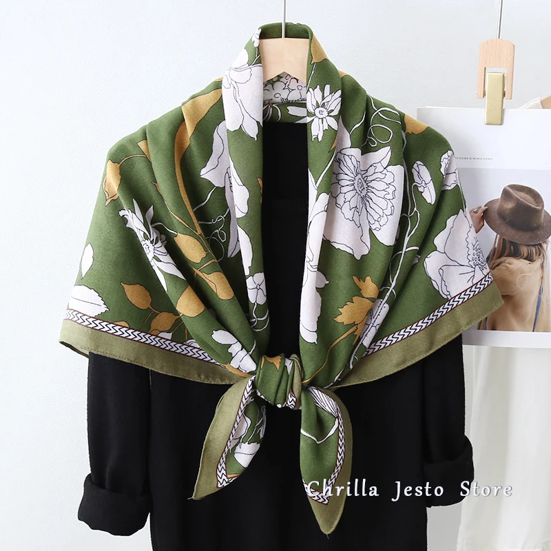 Ladies Spring Autumn New Design Cotton Feeling 110cm Hijab Flower Printed Wrap Women Square Shawl Scarf