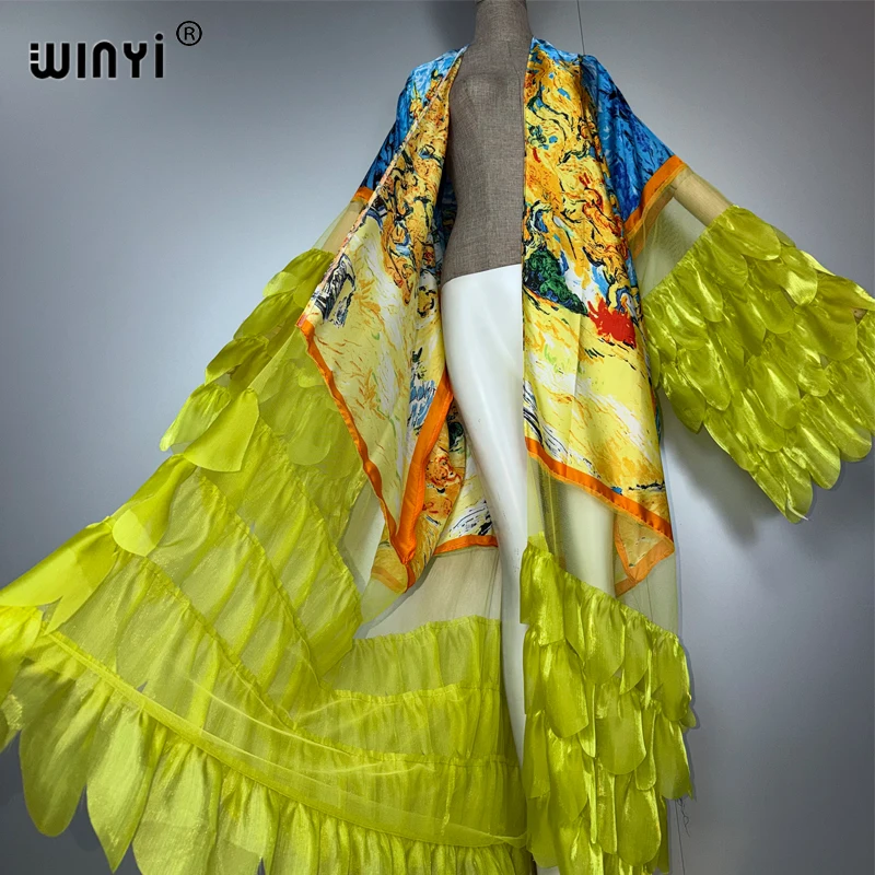 WINYI fashion sexy Kimono Women Print coat Long Sleeve Cardigan abaya dubai luxury beachwear Cover Up boho dress holiday Caftan