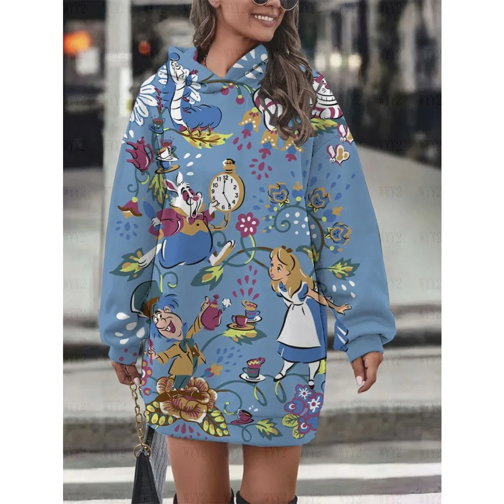 Damen-Pullover mit Kapuze, modischer Disney-Prinzessin Alice-Aufdruck, langärmelig, lockerer Herbst- und Winter-Hoodie