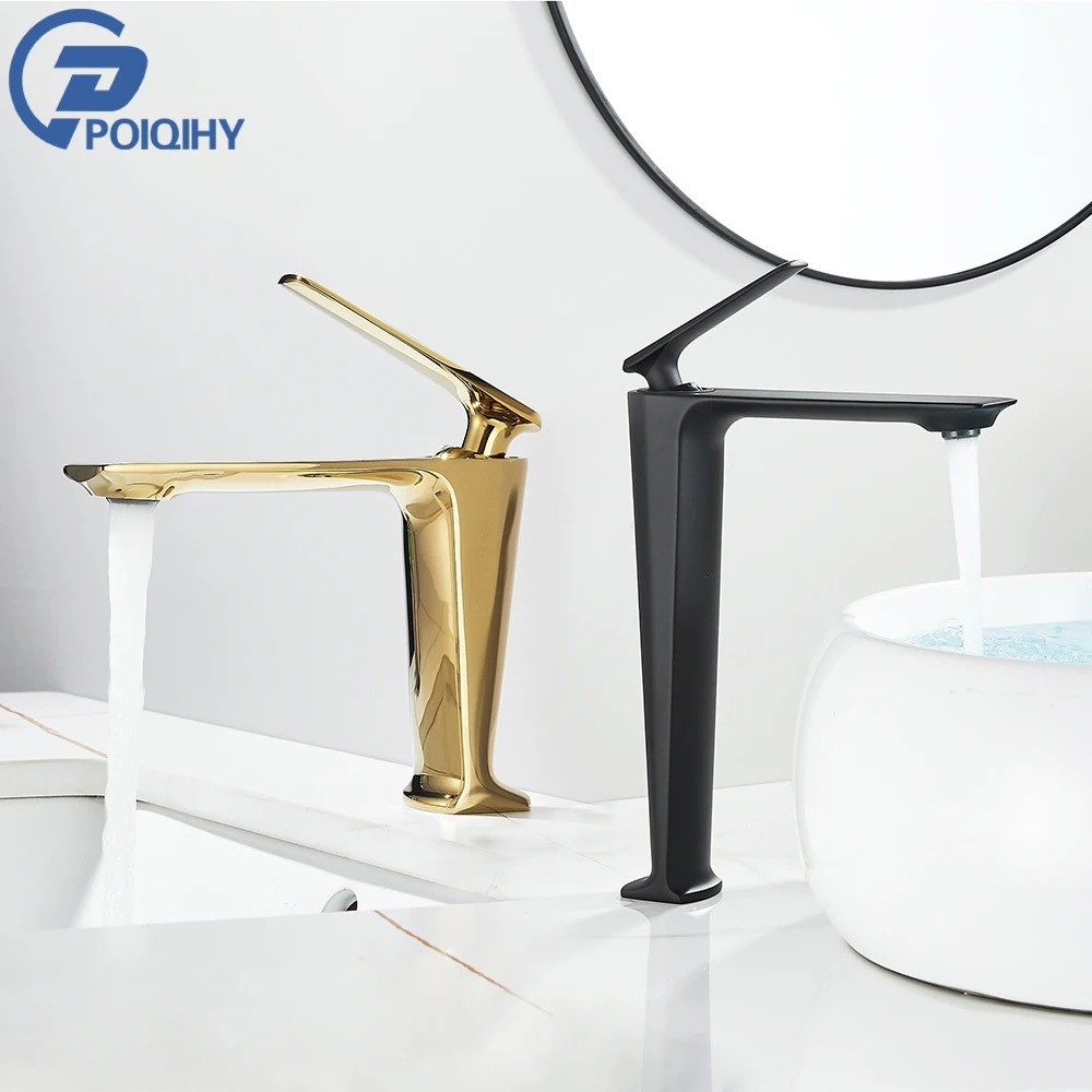 

Golden Bathroom Faucet Black Hot and Cold Water Mixer Tap Single Handle Deck Mounted Washbasin Crane Basin Faucet One Hole