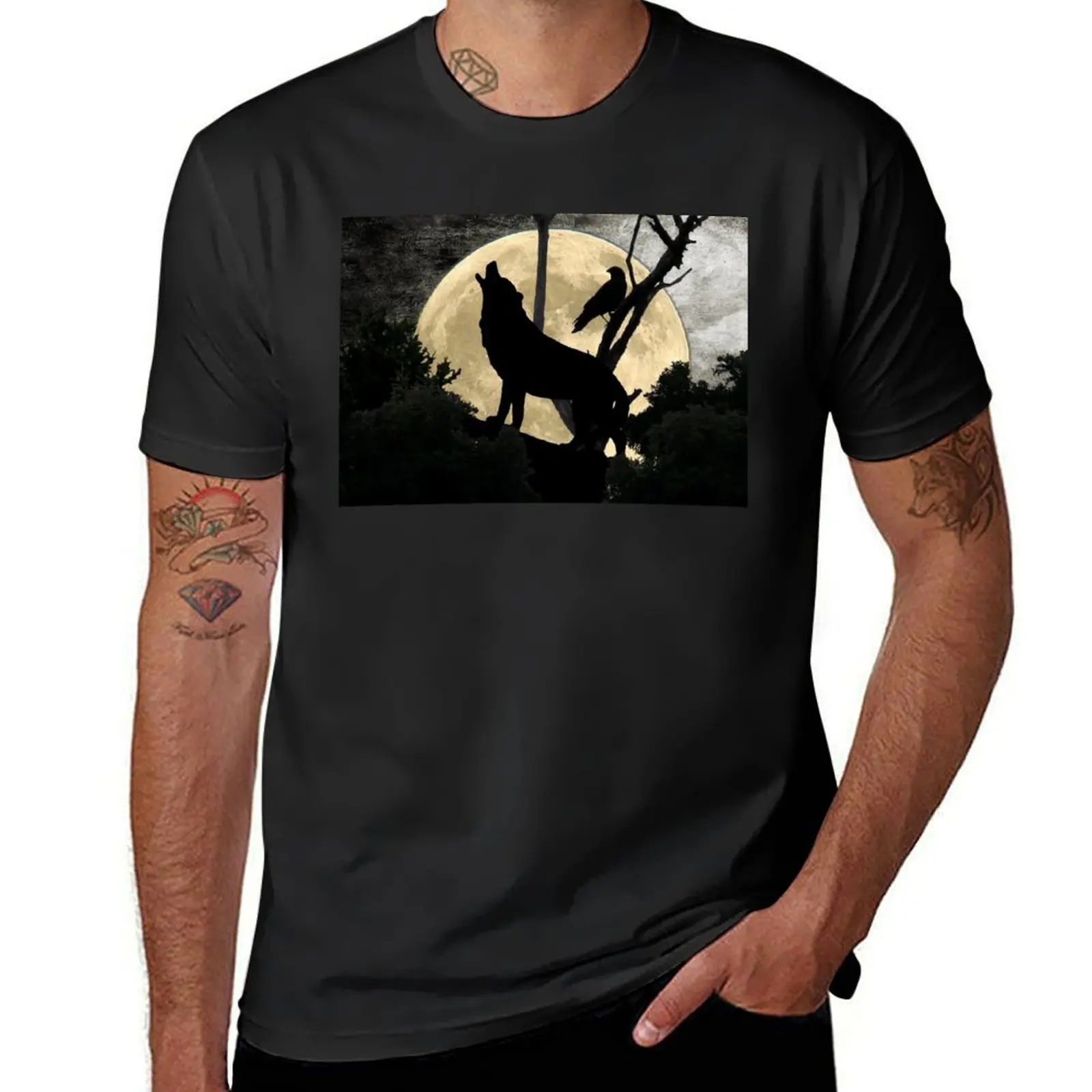 Howling Wolf Crow Moon Animal Black Bird Silhouette Art A388 T-Shirt plus sizes boys whites oversized t shirts for men