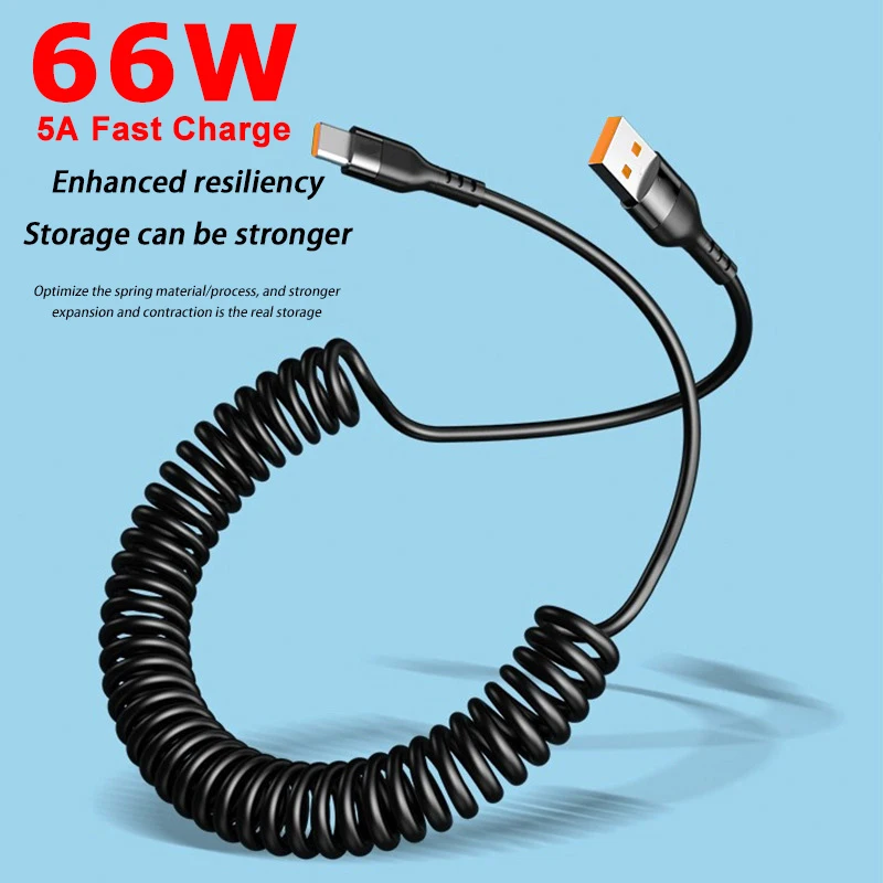 5A 66W Spring Pull Telescopic Data Cable USB To Type-C/Dual Type-C Fast Charging Cable For Car Play 1M 1.8M 2M For Xiaomi iphone