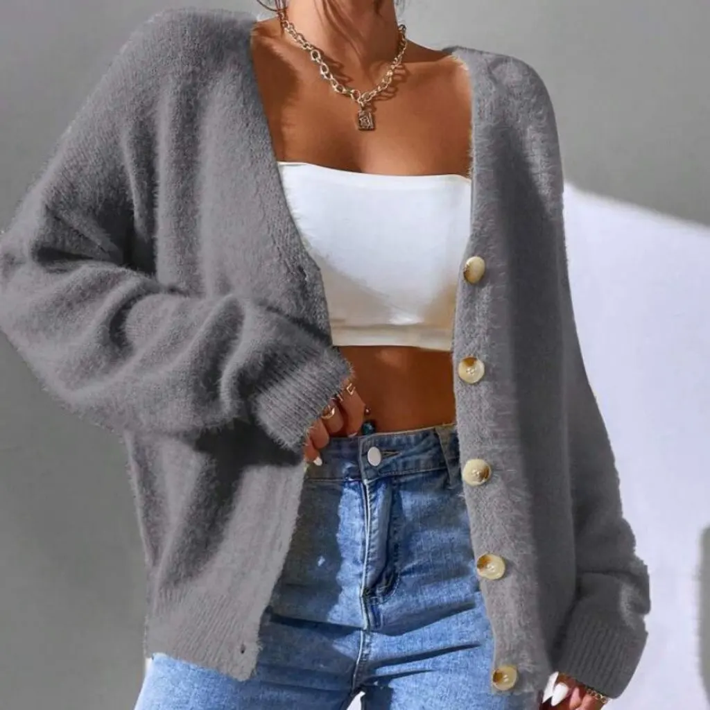 

Women's Long Sleeve V-Neck Knitted Cardigan Imitation Mink Velvet European And American Style Autumn Winter Loose Fit Cardigan