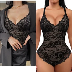 Moldeador de cuerpo para mujer, Control de barriga y cintura gruesa negra, entrenador, ropa interior de seda, Body de encaje con cuello en V, moldeador de una pieza