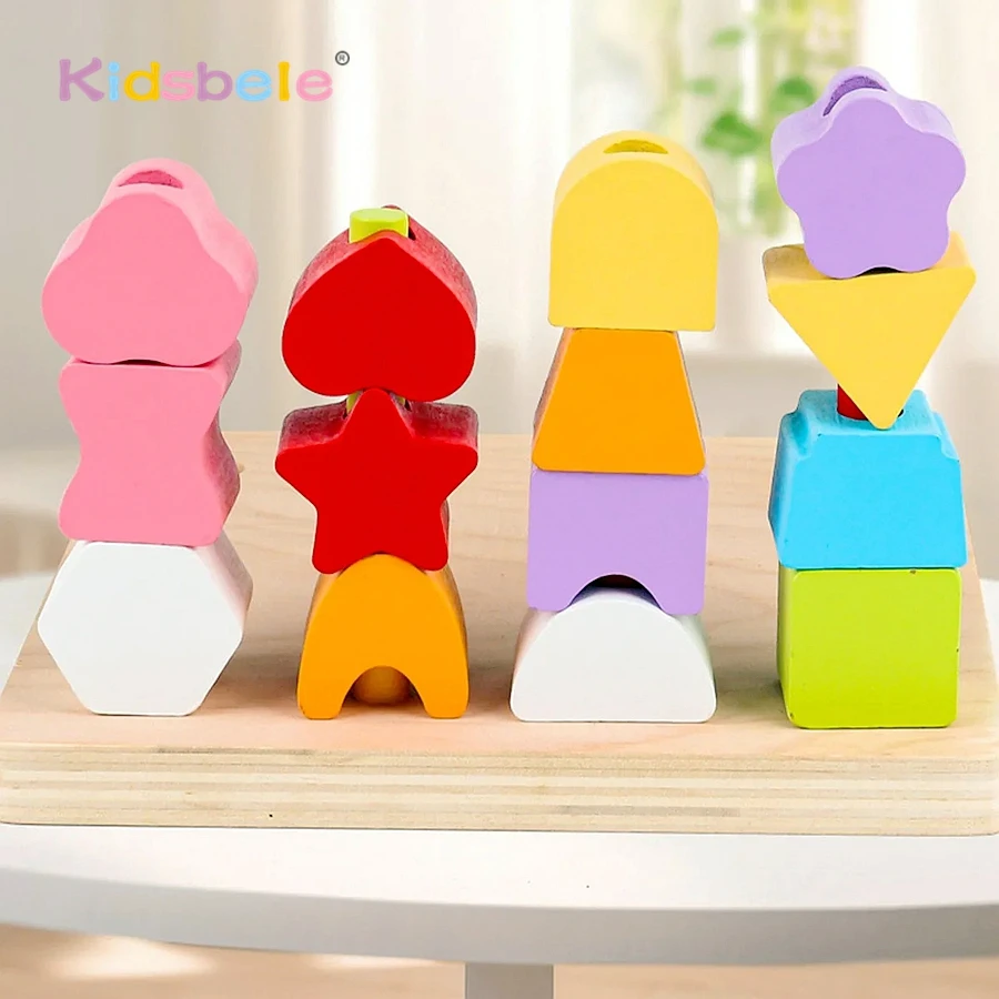 Jouet de correspondance des couleurs pour tout-petits, blocs d'empilage de perles de forme géométrique en bois avec cartes, jouet de motricité Fine Montessori, cadeau d'anniversaire