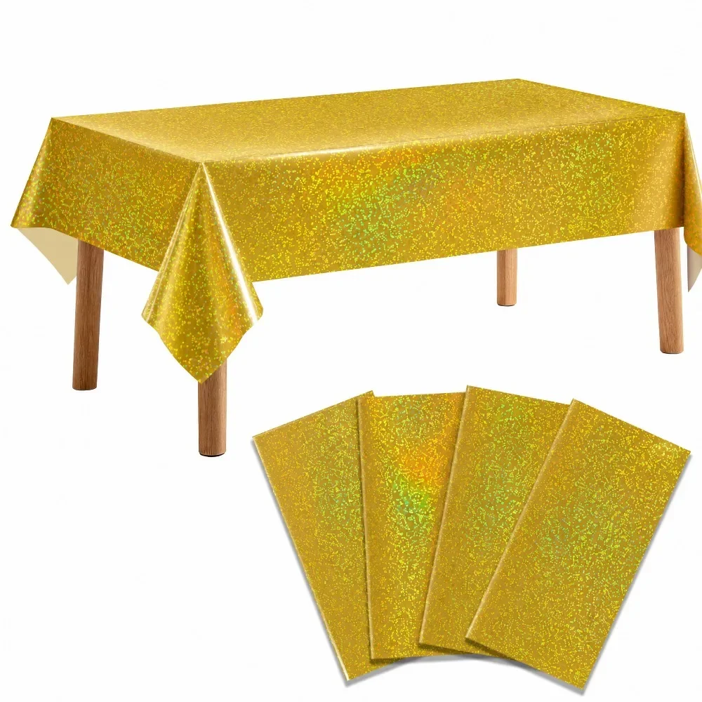 1/3/5Pcs Gold Holographic Tablecloth 137×183cm Waterproof Plastic Cover for Anniversary Graduation Gala Luxury Party Decor