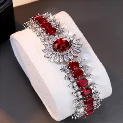 Luxury Female Red Zircon Stone Oval Sunflower Bracelet Cute Silver Color Adjustable Wedding Jewelry For Women