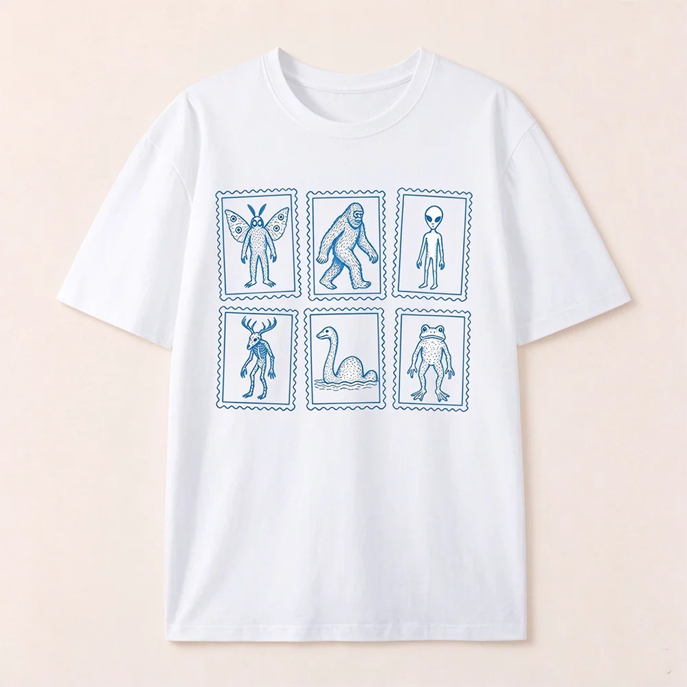 Unisex Cryptid Stamp Graphic T Shirt Mothman Bigfoot Alien Nessie Frog Vintage Postal Print Casual Short Sleeve Streetwear Tee