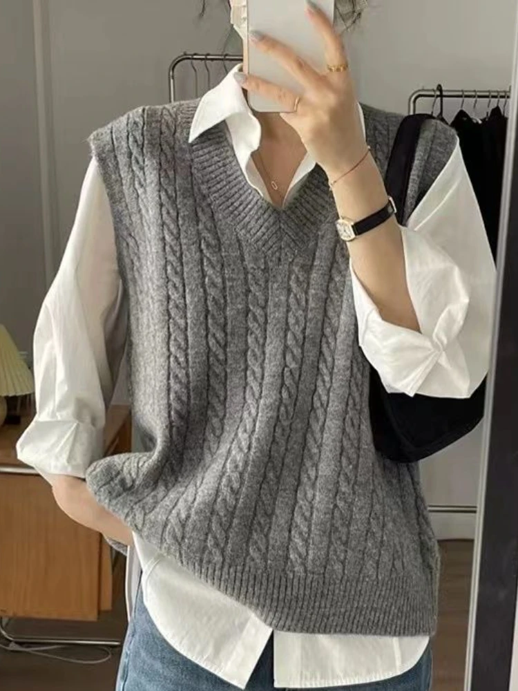 Sweater Vest Women Harajuku Casual Spring New Screw Thread Fashion Korean Style Female Vintage Literary Temperament All-match