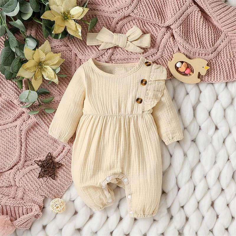 

Infant Girl Rompers Solid Color Ruffles Buttons Crew Neck Long Sleeve Baby Jumpsuits Newborn Clothes Bodysuits with Headband