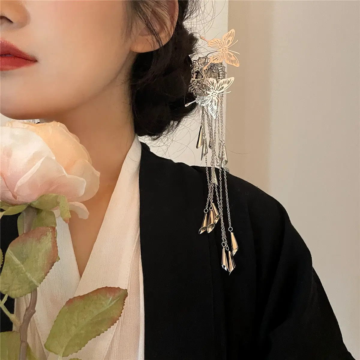 Vintage U Shape Hairpin Metal Butterfly Tassel Long Hair Stick for Hanfu Traditional Style Premium Lightweight Daily Use