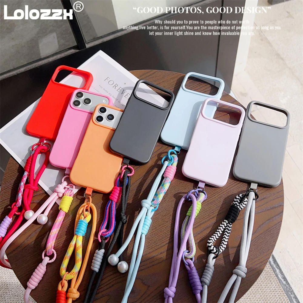 Crossbody Bunte Lanyard Weiche Silikon Handyhülle für iPhone 17, Air 16, 15, 14, 13, 12, 11, Pro Max, einfarbig, mattierte Abdeckung
