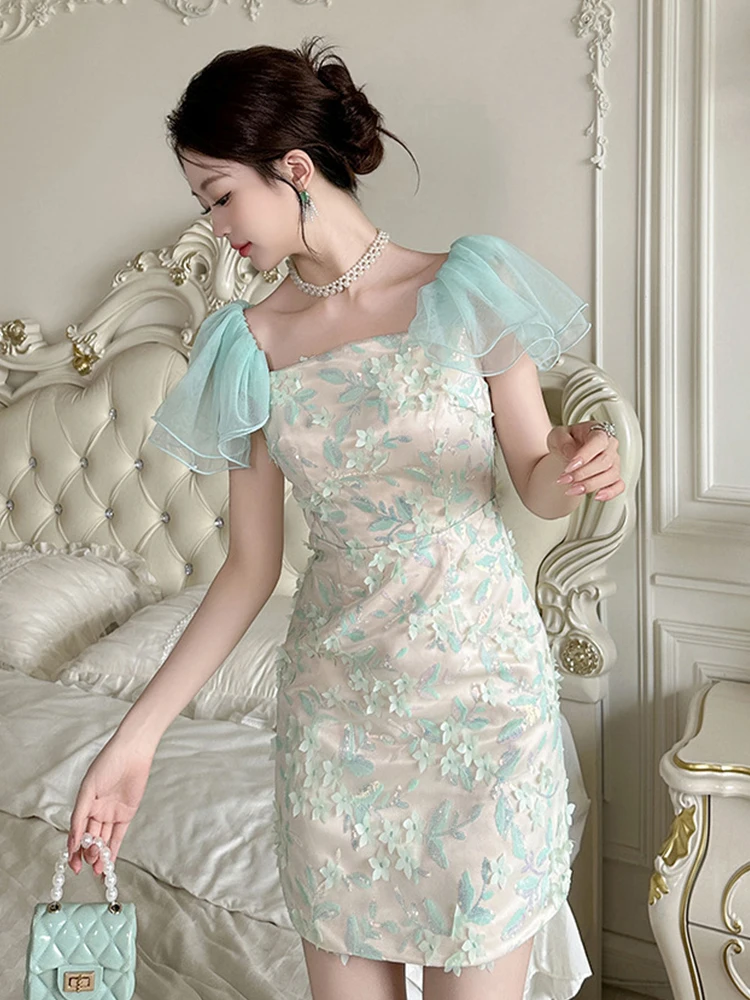 แฟชั่นฤดูร้อนลูกไม้เลื่อมดอกไม้วันหยุดชุดราตรีเสื้อผ้าผู้หญิงสาวหวานเซ็กซี่แขนฟอง Slim Party Prom Vestidos