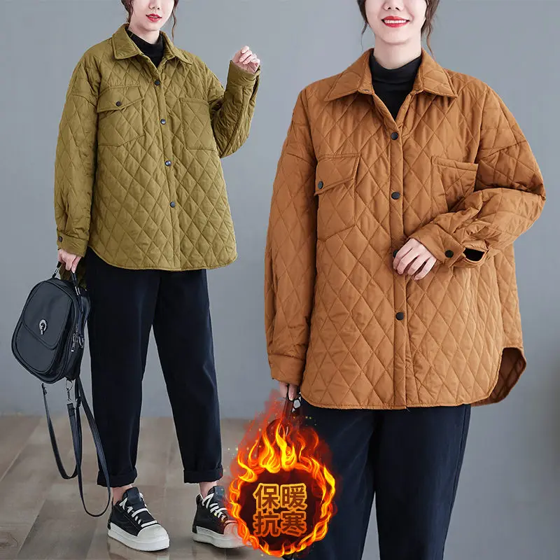 

Casual Outerwear Large Size Women's Autumn And Winter Diamond-Shaped Cotton Coat Mid-Length Warm Quilted Lapel Collar Jacket T49