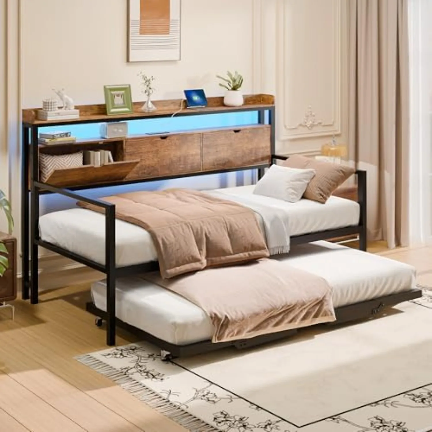 Twin Metal Daybed with Pop Up Trundle, Twin to King Expandable Bed Frame with Storage Headboard & Charging Station