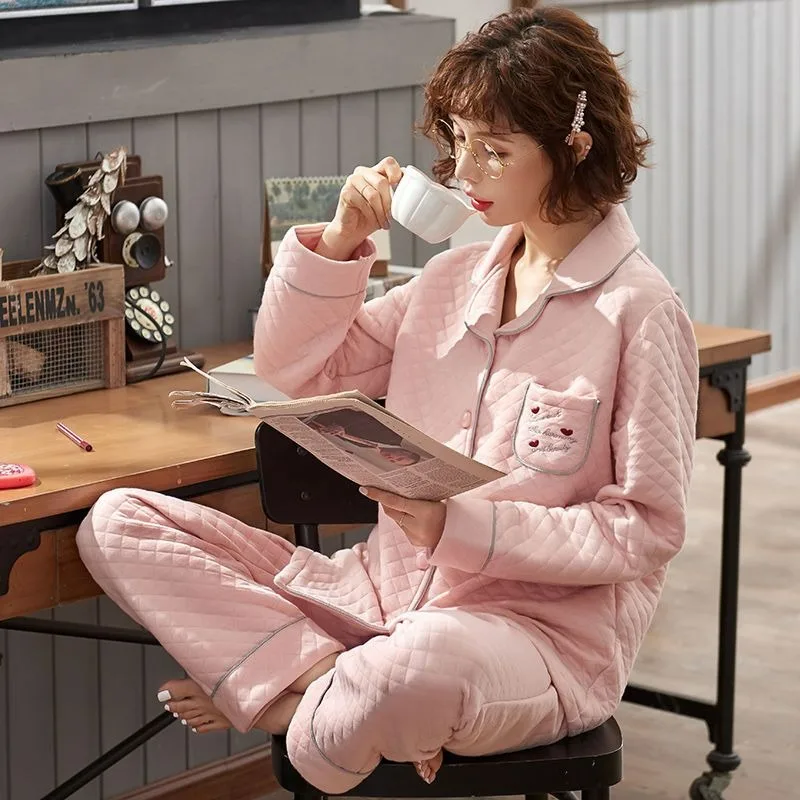 Autumn Winter Women Long-Sleeved Pajamas Three-Layer Air Cotton Sandwich Thickened Warm Loungewear Suit Large Size Nightclothes