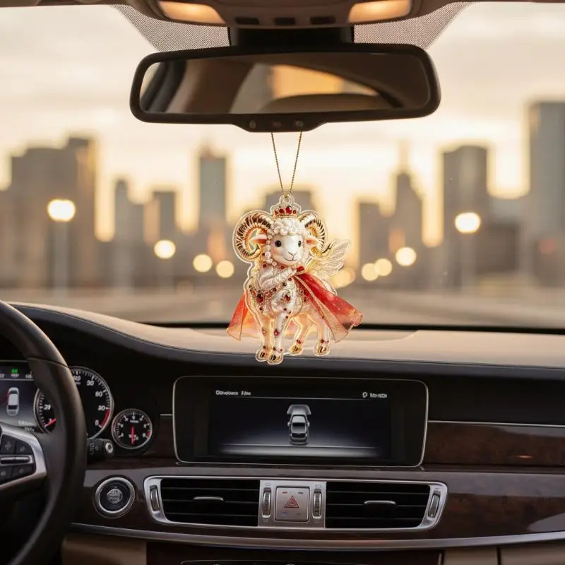 Chinese Zodiac Goat Hanging Ornament 2D Acrylic Auspicious Red Gold Pattern for Lunar New Year Car Rearview Mirror Gift