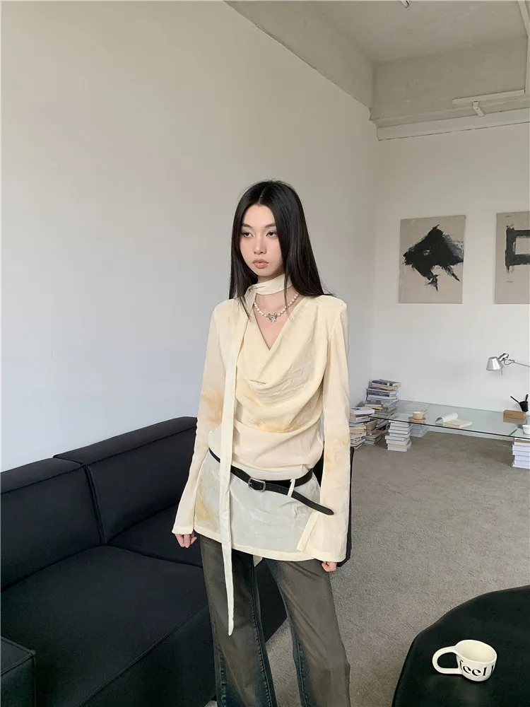 CHEERART Cowls Yellow Flare Long Sleeve Blouse Women Designer Fashion Top With Necktie 2024 Spring Trending Clothing