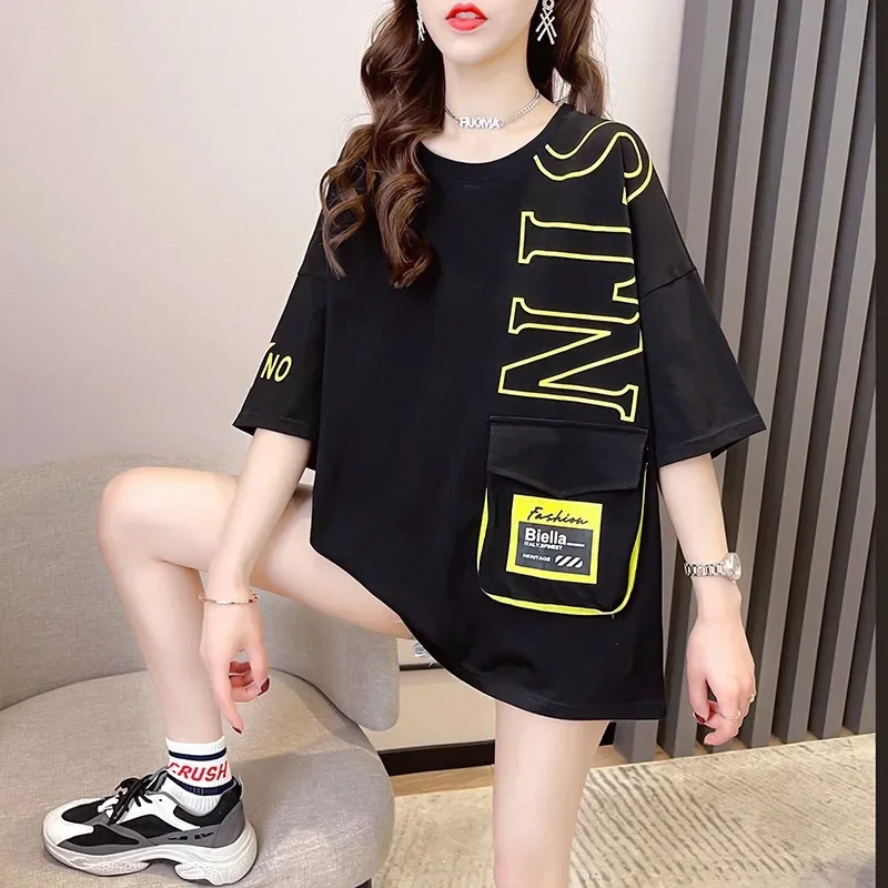 DAYIFUN Fluorescent Green T-shirts Women Cotton Summer Letter Printing Three-dimensional Pocket Tee Short-sleeved Loose Tops