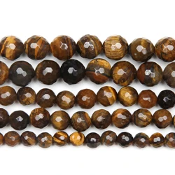 Natural Stone Faceted Brown Gold Color Tiger Eye Agate Round Beads 15