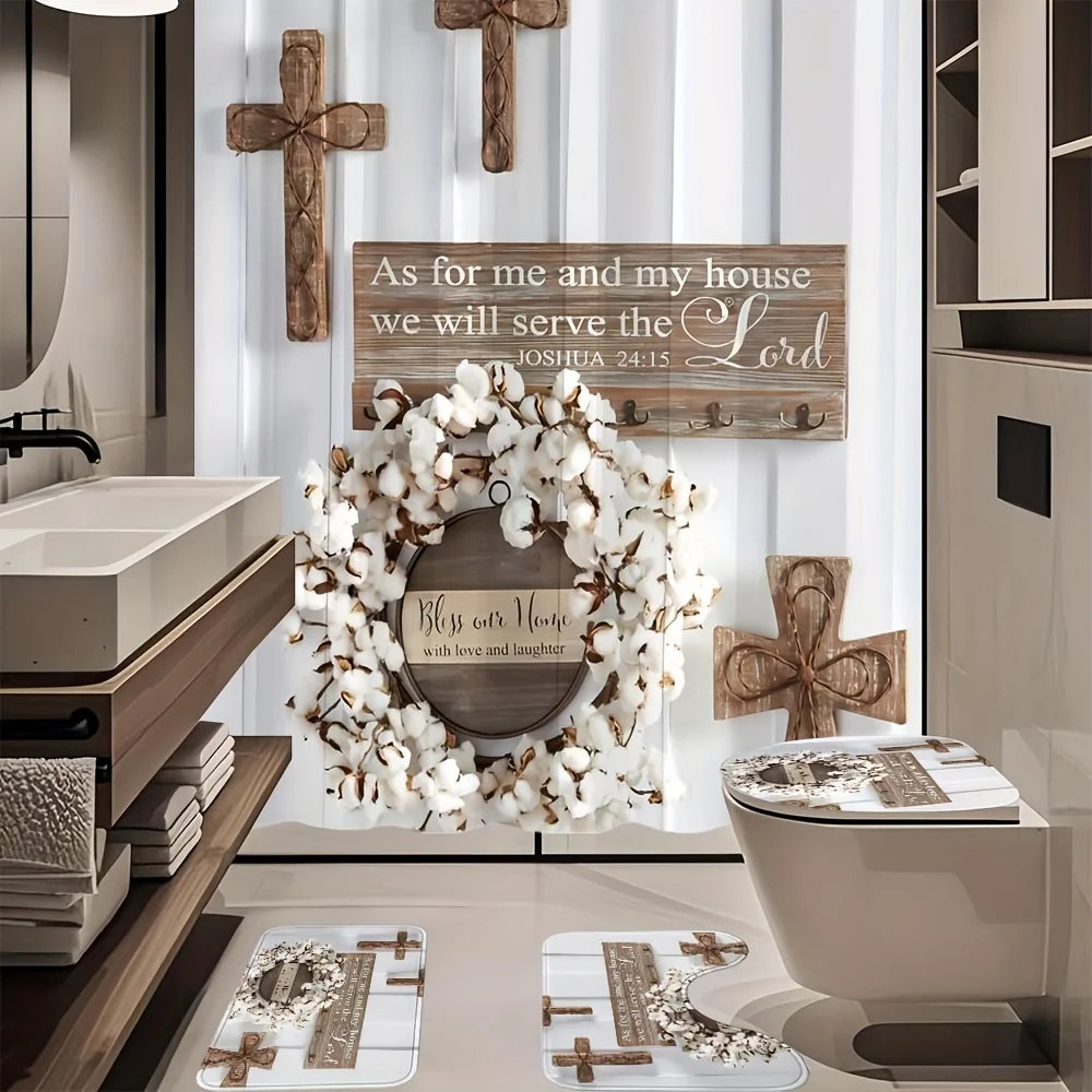 

Набор аксессуаров для ванной комнаты, включающий шторку для душа с цветочным и текстовым узором, из полиэстера, в комплекте 12 крючков, а также...