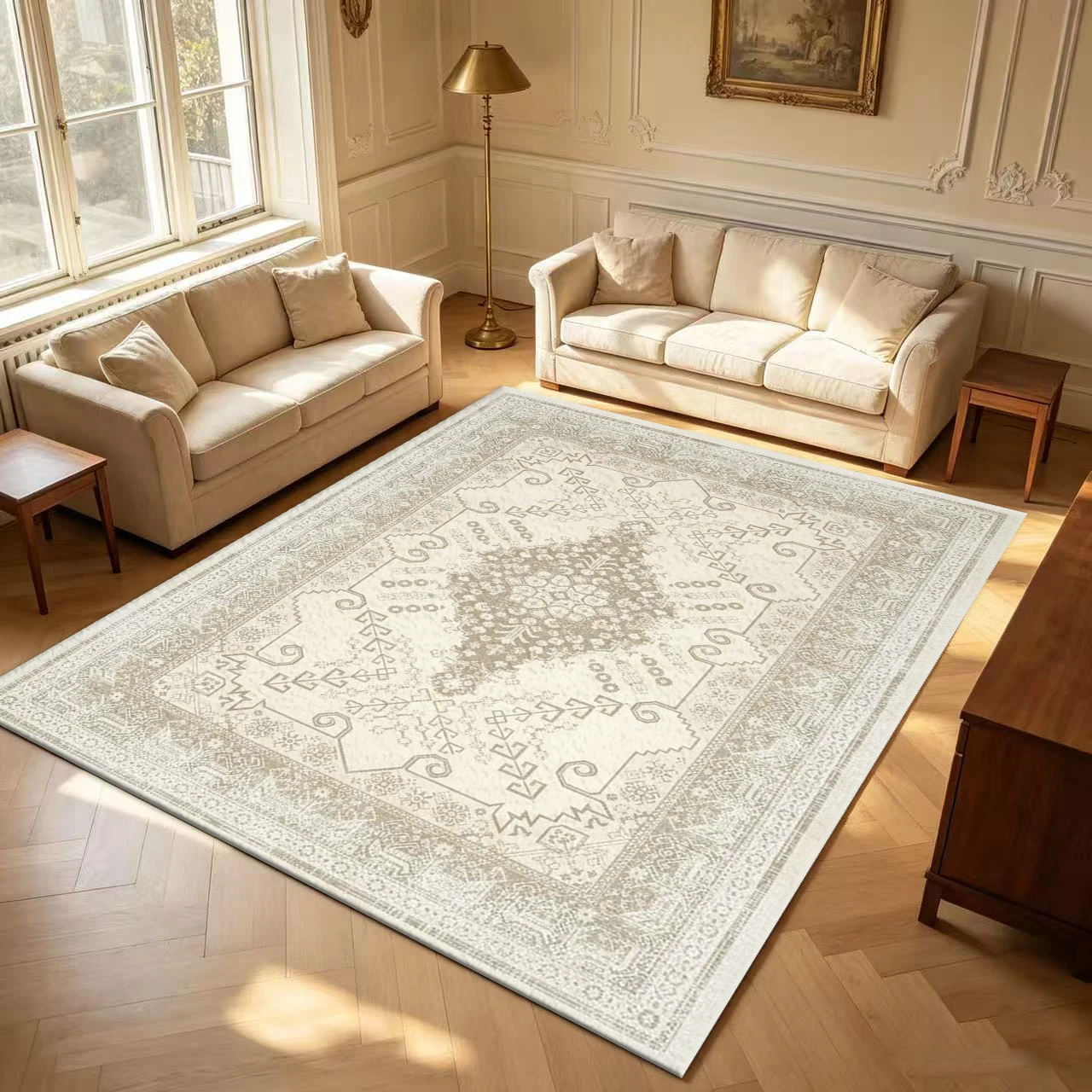 Square Beige Neutral Medallion Vintage Area Rug Non-Slip Washable Square Carpet For Living Room Bedroom Home Decor
